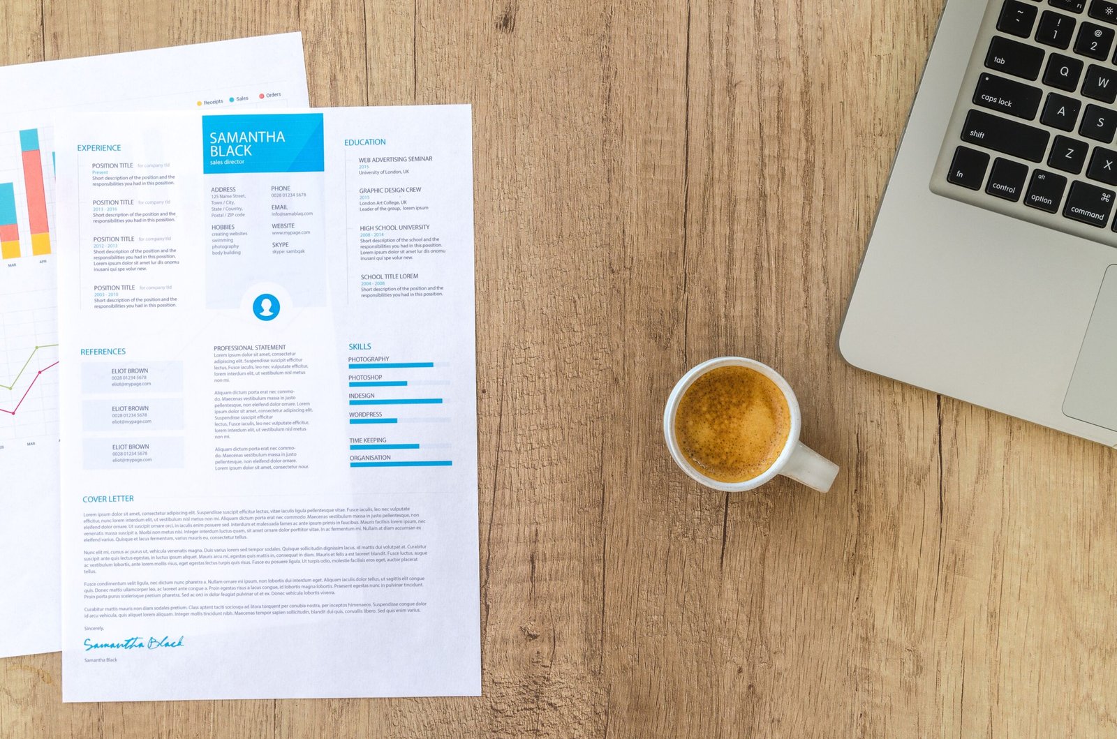 Top view of a desk with a resume, coffee cup and laptop, illustrating the best job websites in Pakistan for finding work